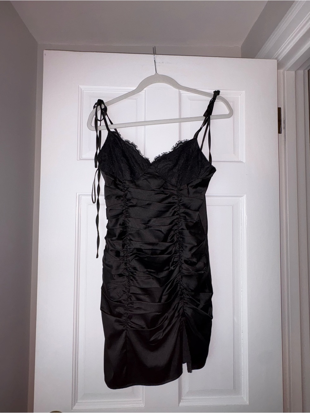 Superdown black mini Satin & Lace Ruched Slip Dress